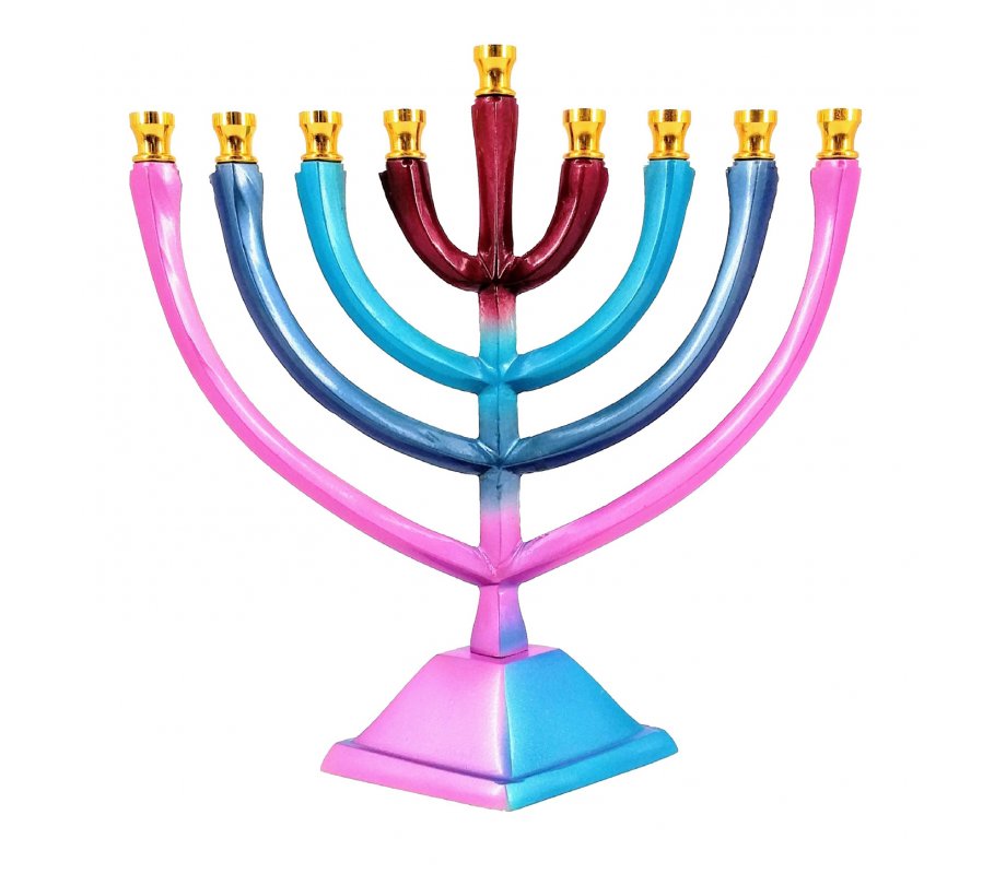 Hanukkah Menorah on Stem, Colorful Branches - For Candles