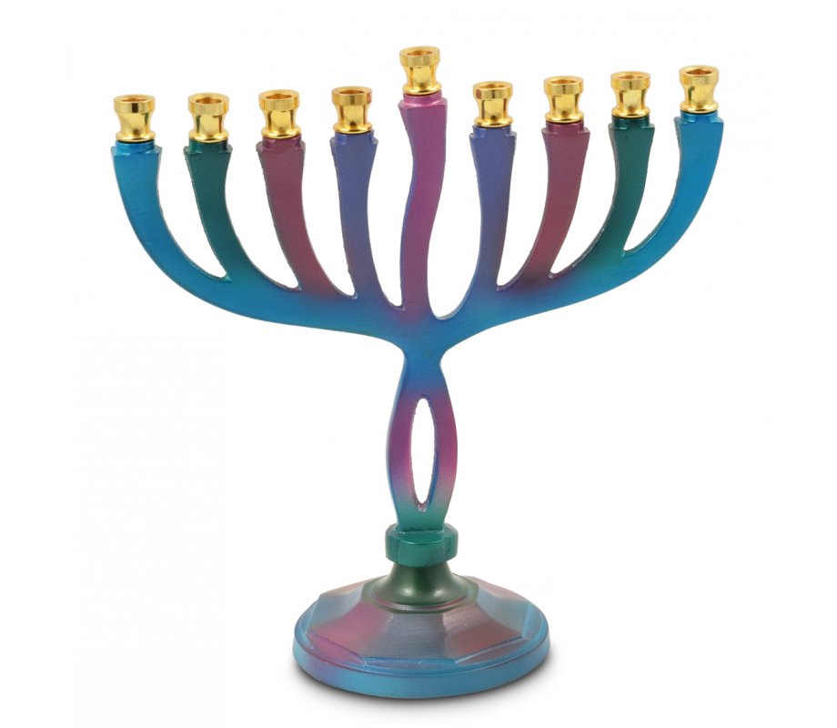Hanukkah Menorah on Stem, Colorful Curved Branches - For Candles