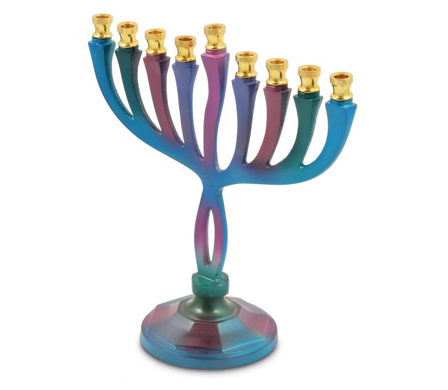 Hanukkah Menorah on Stem, Colorful Curved Branches - For Candles