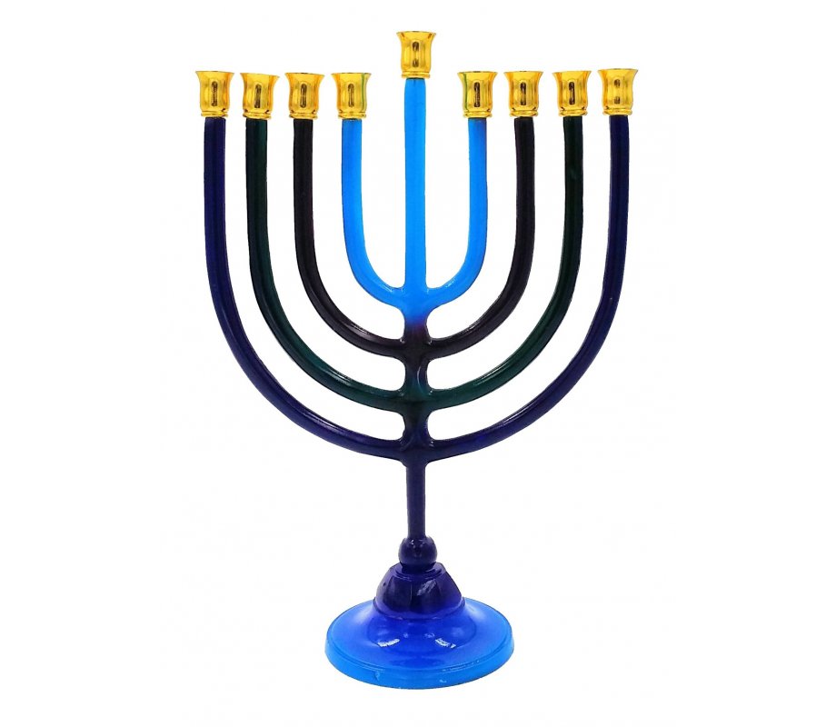 Hanukkah Menorah on Stem, Shades of Blue and Purple - For Candles