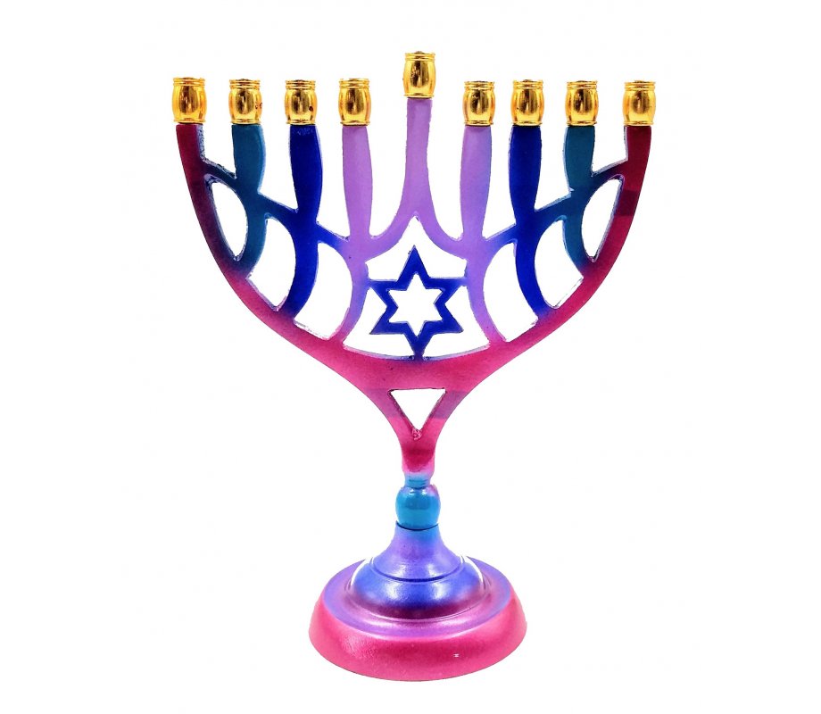 Hanukkah Menorah on Stem with Star of David, Colorful - For Candles
