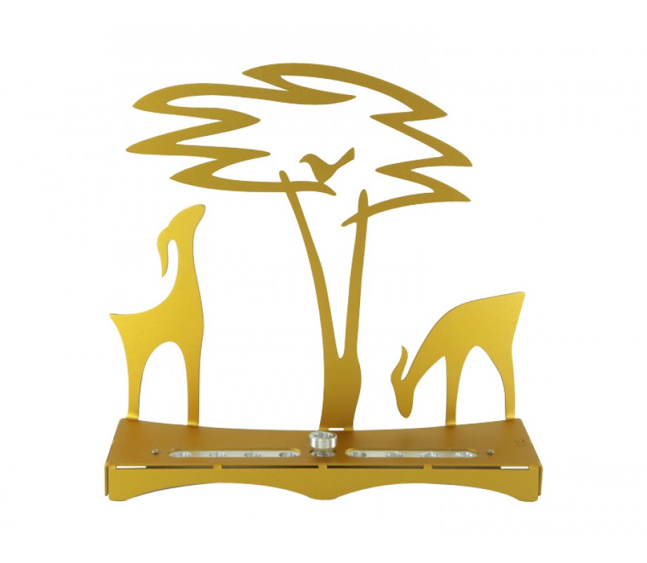 Hanukkah Menorah with Acacia Tree, Deer and Bird, Gold - Shraga Landesman