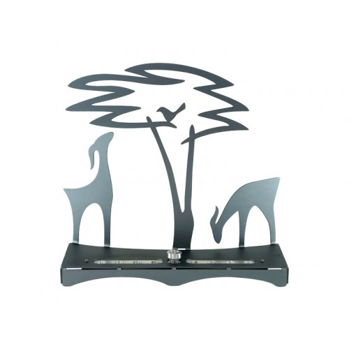 Hanukkah Menorah with Acacia Tree Deer and Bird, Gray - Shraga Landesman