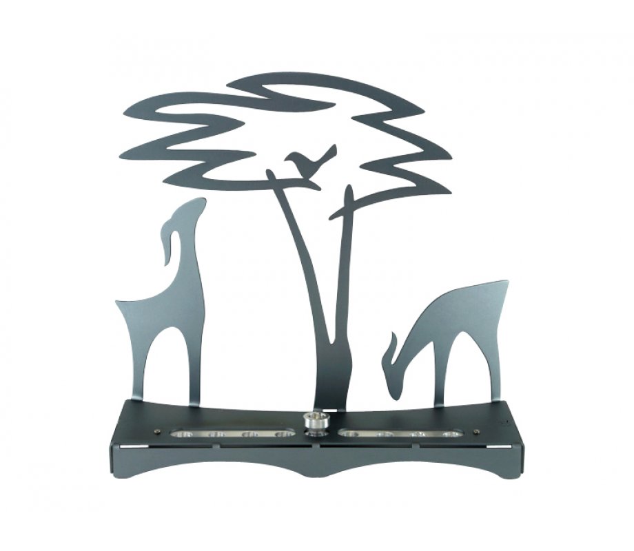 Hanukkah Menorah with Acacia Tree Deer and Bird, Gray - Shraga Landesman