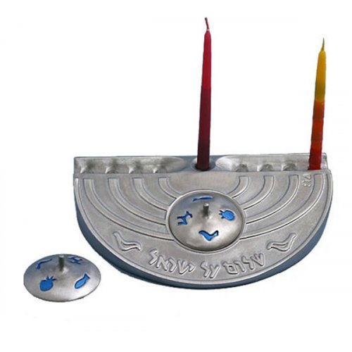 Hanukkah Menorah with Engraved Shalom Al Yisrael and Dreidel - Shraga Landesman