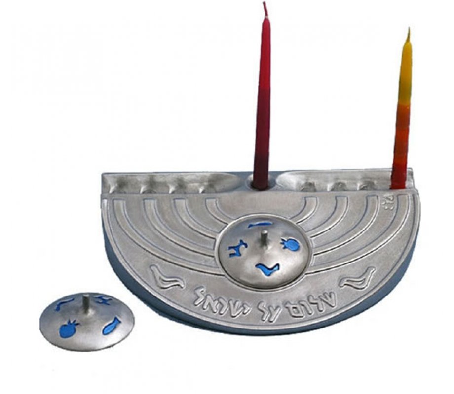 Hanukkah Menorah with Engraved Shalom Al Yisrael and Dreidel - Shraga Landesman