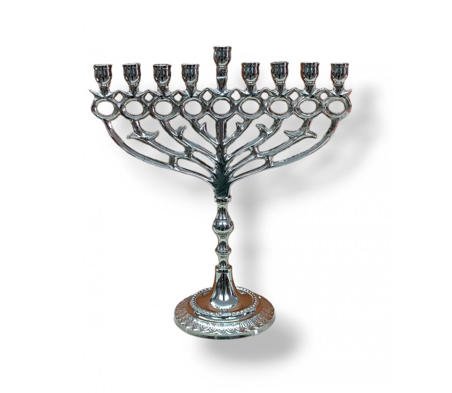 Hanukkah Menorah with Pomegranate and Leaf Design in Nickel, for Candles - 10 Inches