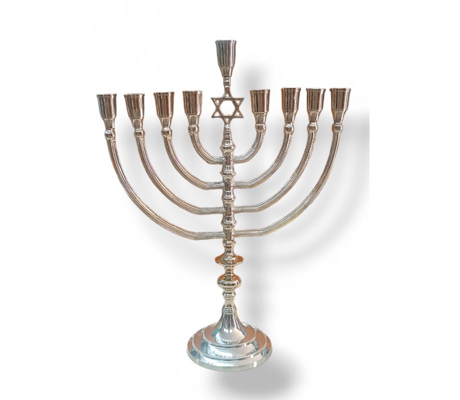 Hanukkah Menorah with Star of David in Nickel Plate, Oil or Candles - 14 Inches