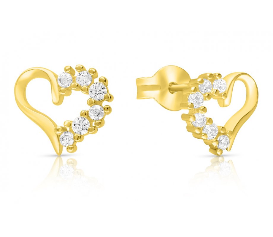 Heart Shaped Sterling Silver Stud Earrings, Zircons - Option: Silver or Gold Plate