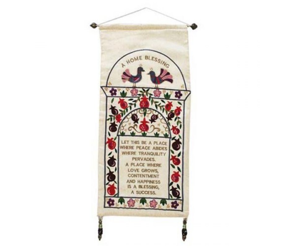 Home Blessing in English, Pomegranate Frame and Doves on White Silk - Yair Emanuel