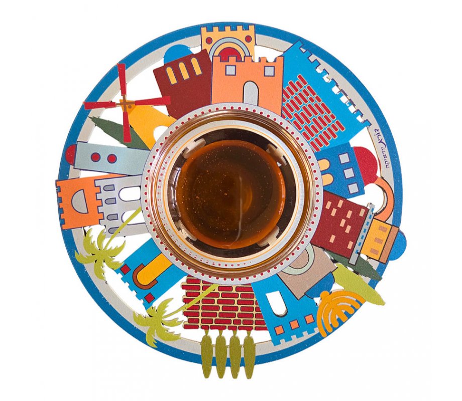 Honey Dish with Glass Bowl, Jerusalem in Lively Colors - Dorit Judaica