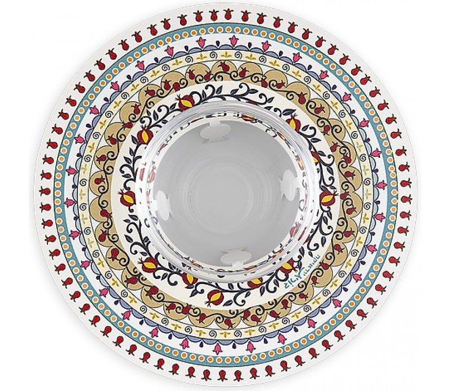 Honey Dish with Glass Bowl, Mandala Pomegranate Design - Dorit Judaica