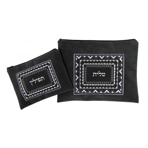 Impala Tallit Bag Set with Embroidered Geometric Design, Gray - Ronit Gur