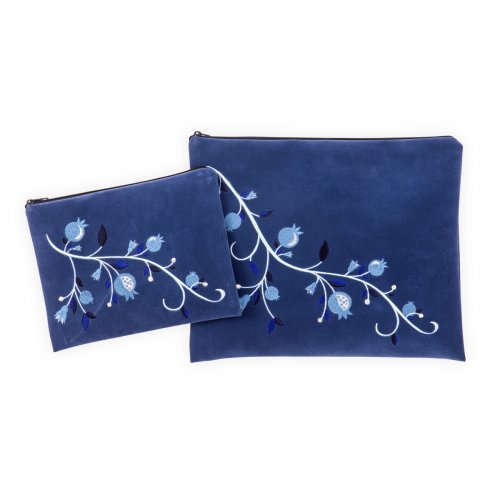 Impala Tallit and Tefillin Bag Blue, Embroidered Blue Pomegranates - Ronit Gur