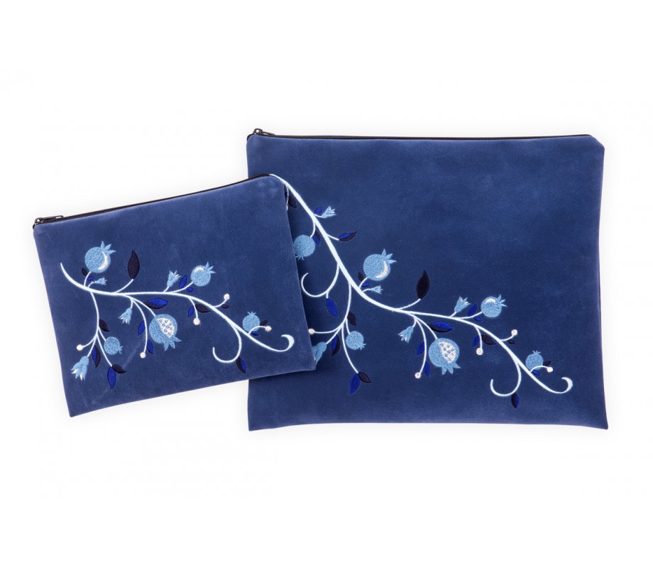 Impala Tallit and Tefillin Bag Blue, Embroidered Blue Pomegranates - Ronit Gur