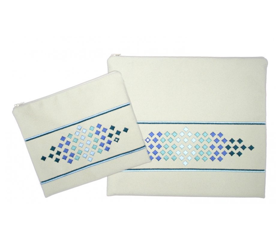 Impala Tallit and Tefillin Bag Set Off-White, Embroidered Blue Diamonds - Ronit Gur