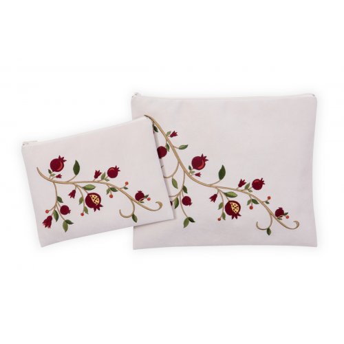 Impala Tallit and Tefillin Bag Set Off-White, Embroidered Pomegranates - Ronit Gur