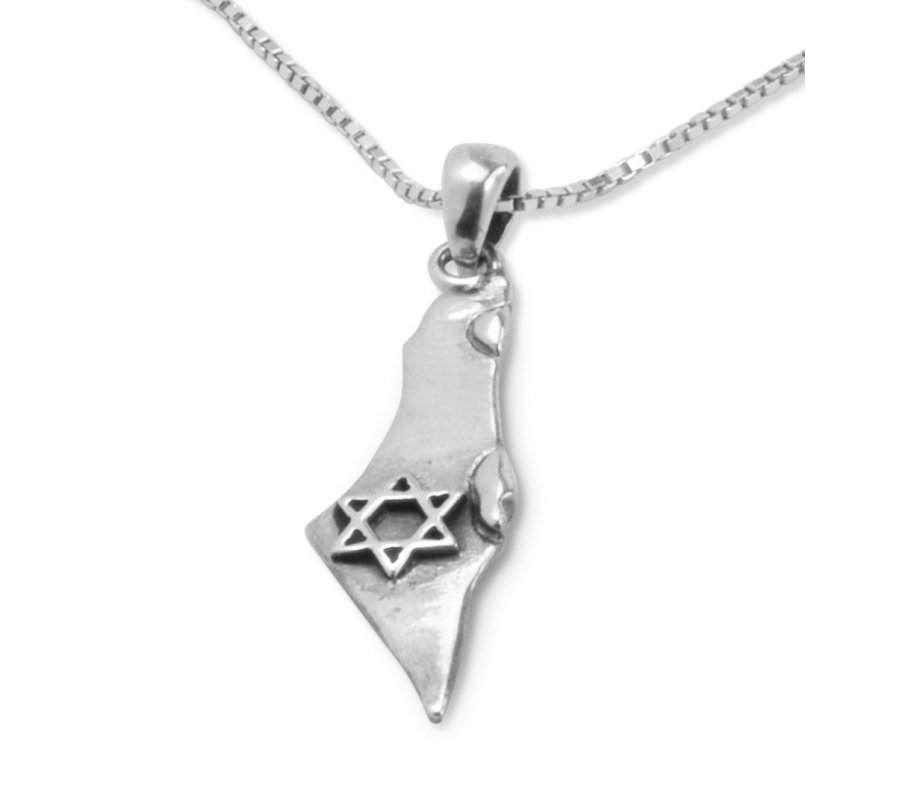 Israel Pendant Necklace, 925 Sterling Silver - Outline of Israel with Star of David
