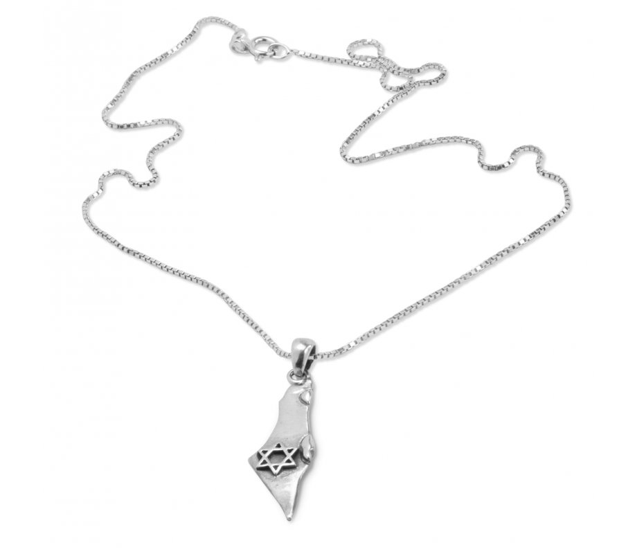 Israel Pendant Necklace, 925 Sterling Silver - Outline of Israel with Star of David