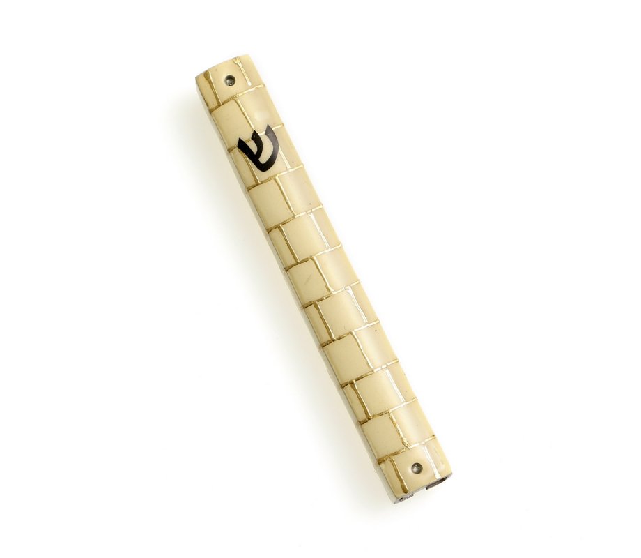 Ivory Aluminum Mezuzah Case, Overlaid Gold Western Wall Image - Black Shin