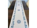 Ivory Colored Table Runner with Hebrew Blessing Words and Mandala Design - Gray-Blue