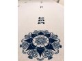 Ivory Colored Tablecloth with Hebrew Blessing Words and Mandala Images - Blue