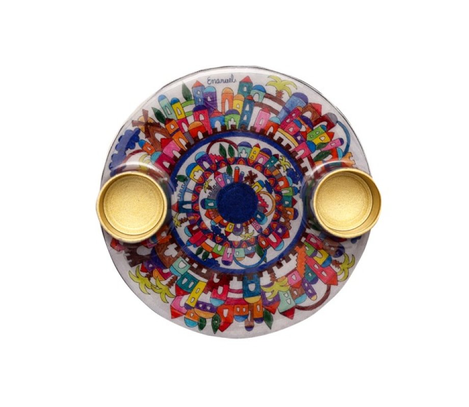 Jerusalem Design Small Metal Candle Holders on Attached Tray - Yair Emanuel