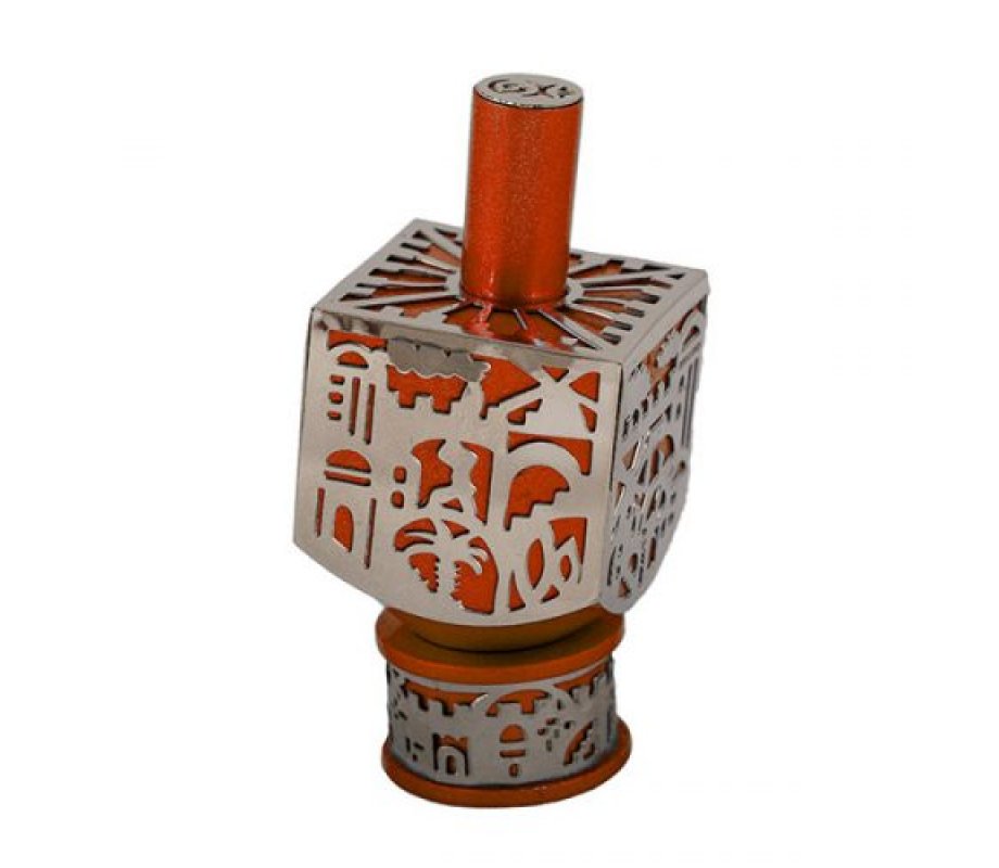 Jerusalem Metal Cutout Orange Dreidel by Yair Emanuel