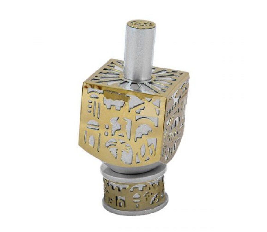 Jerusalem Metal Cutout Silver-Gold Dreidel by Yair Emanuel