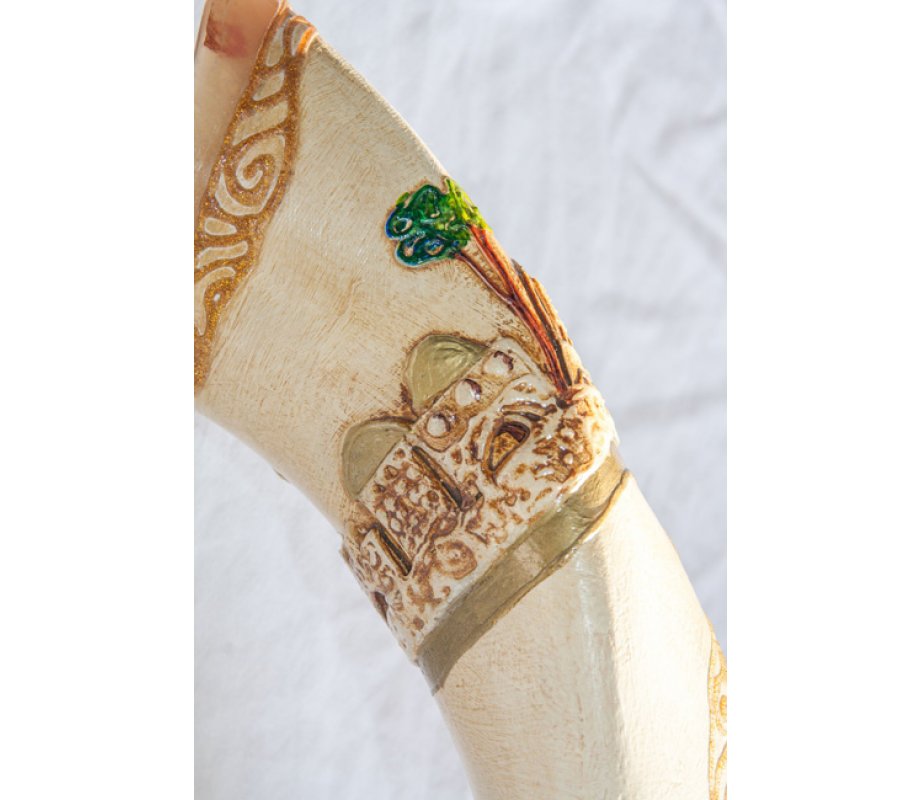 Jerusalem and Olive Tree Hand Painted Yemenite Shofar