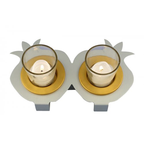 Joined Pair Pomegranate Candle Holders - Silver and Gold by Shraga Landesman