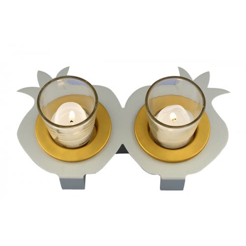 Joined Pair Pomegranate Candle Holders - Silver and Gold by Shraga Landesman