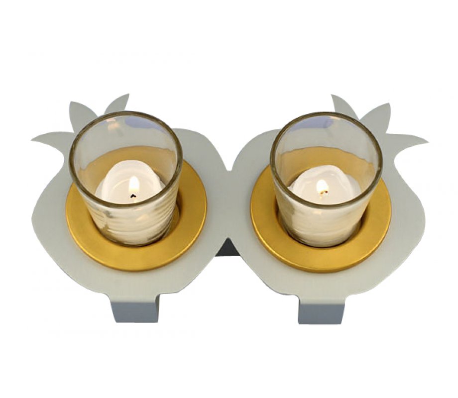 Joined Pair Pomegranate Candle Holders - Silver and Gold by Shraga Landesman