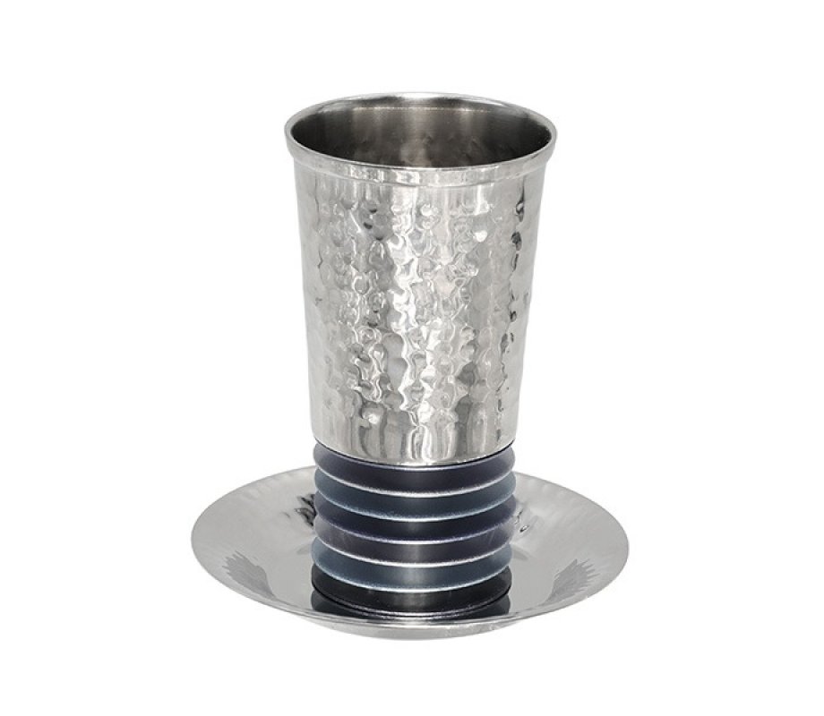 Kiddush Cup Set Hammered Metal with Stacked Discs, Gray - Yair Emanuel