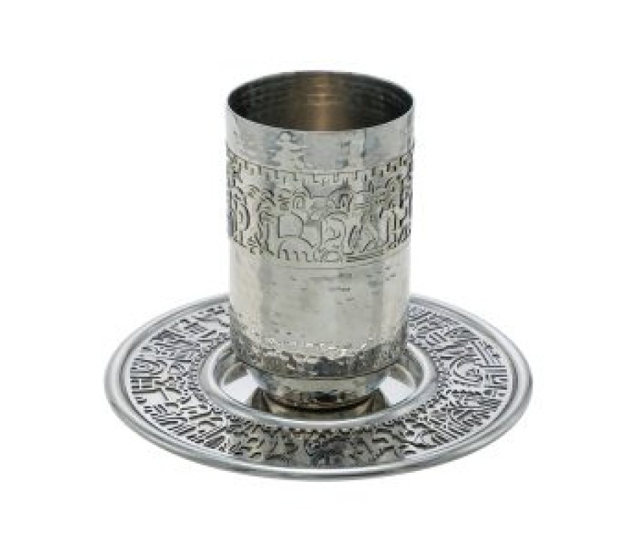 Kiddush Cup Set, Jerusalem Images and Blessing in Hammered Silver - Yair Emanuel