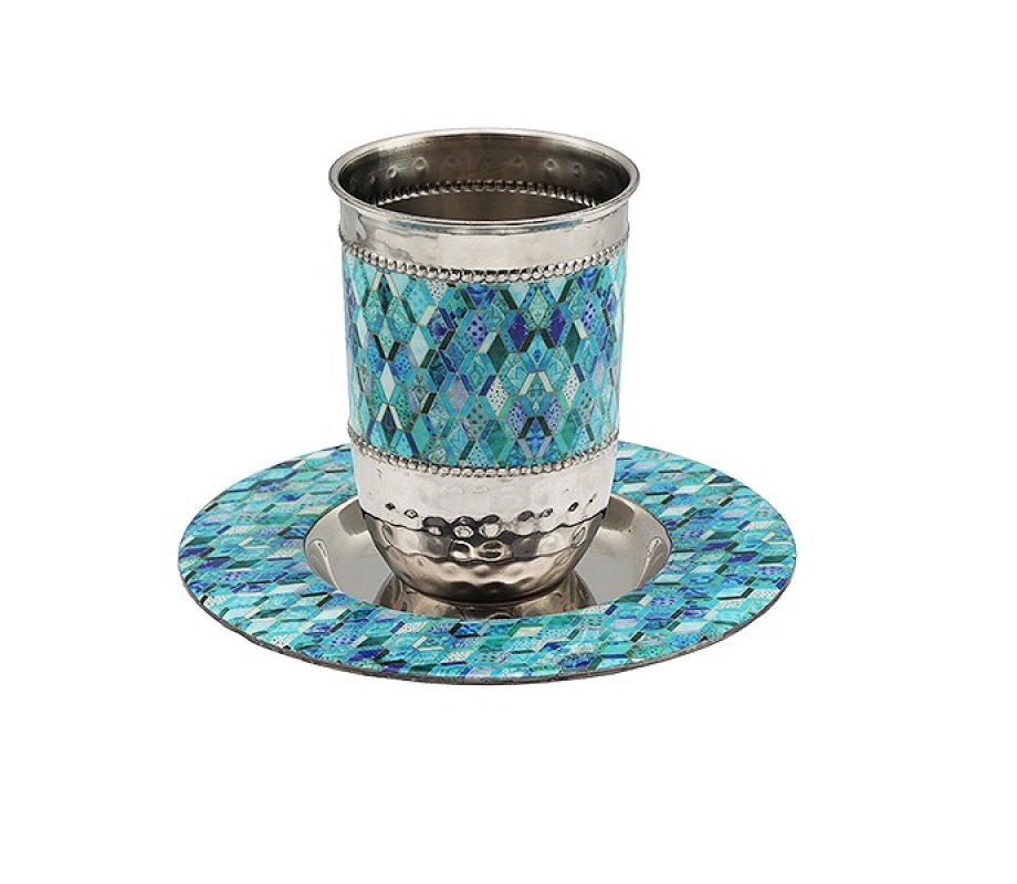 Kiddush Cup Set With Blue Enamel Abstract Design, Metal - Yair Emanuel