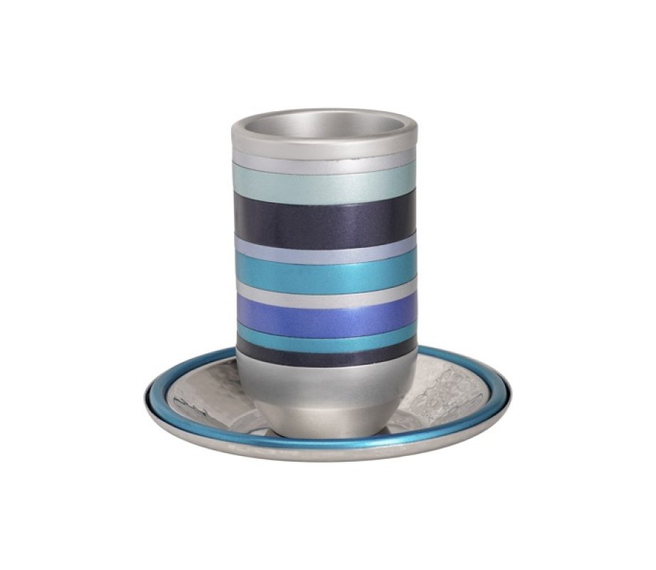 Kiddush Cup Set With Blue Stripes, Metal - Yair Emanuel