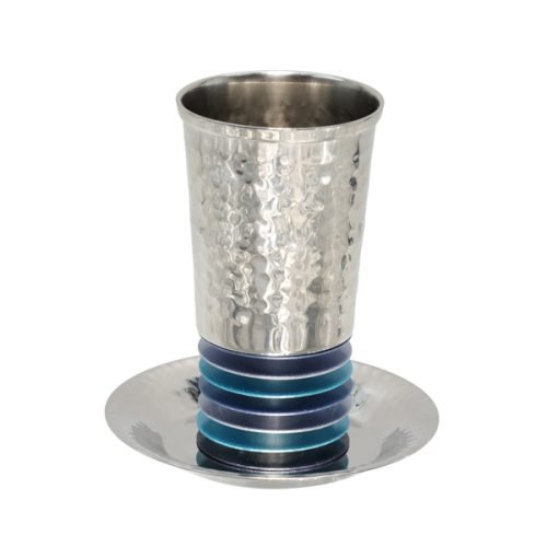 Kiddush Cup Set of Hammered Stainless Steel with Stacked Discs, Blue - Yair Emanuel