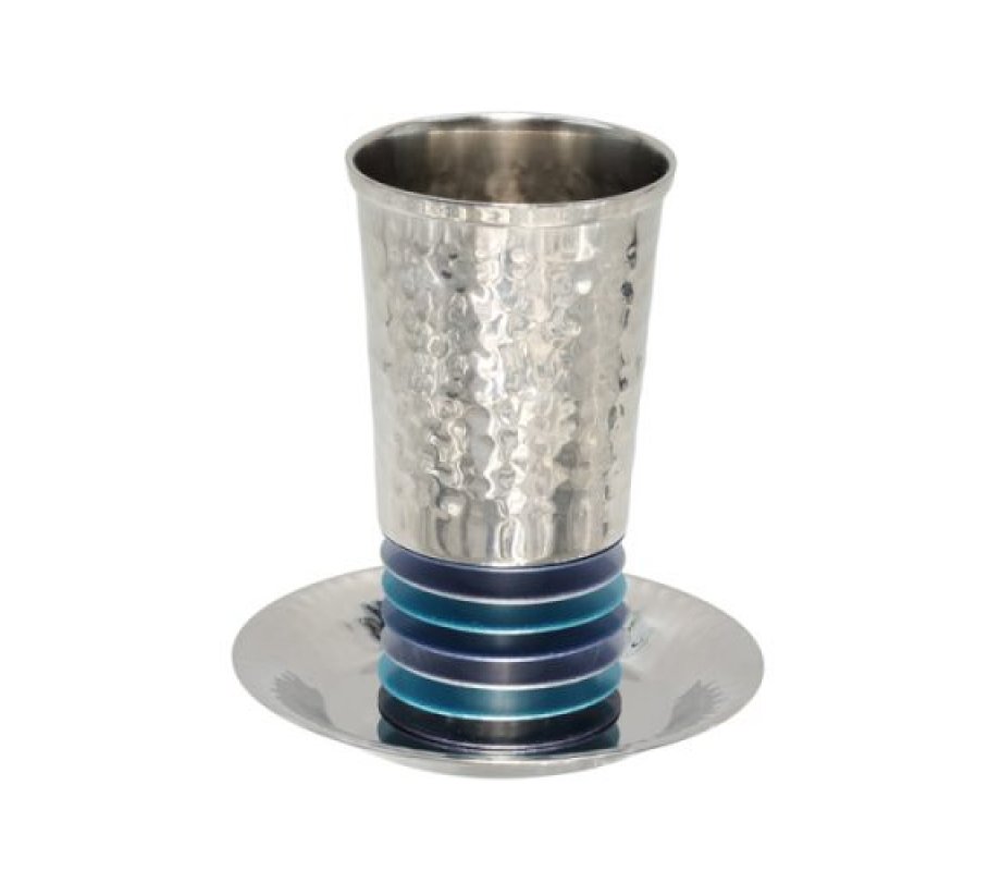 Kiddush Cup Set of Hammered Stainless Steel with Stacked Discs, Blue - Yair Emanuel