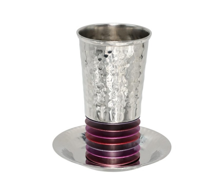 Kiddush Cup Set with Hammered with Stacked Discs, Maroon - Yair Emanuel