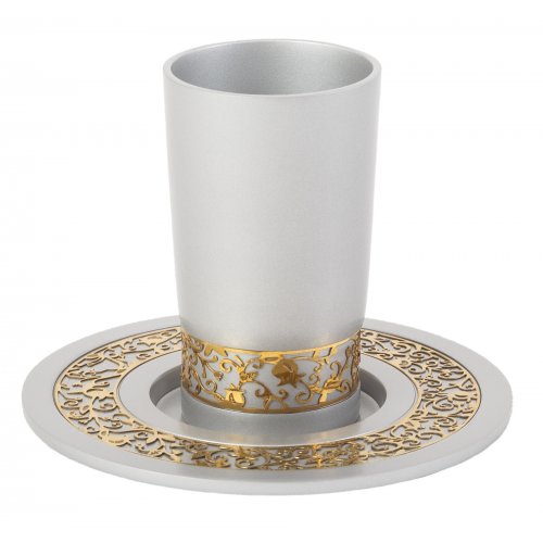 Kiddush Cup and Plate with Gold Pomegranate Overlay - Silver