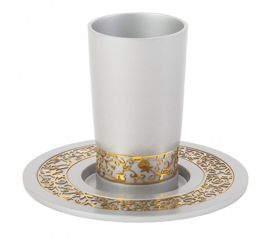 Kiddush Cup and Plate with Gold Pomegranate Overlay - Silver