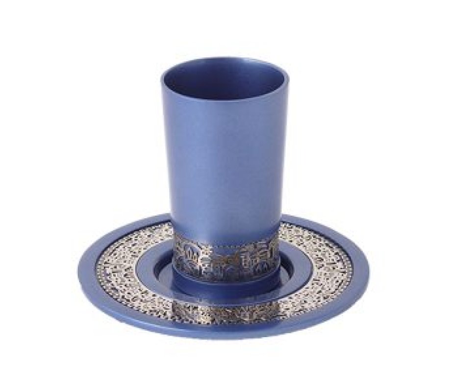 Kiddush Cup and Plate with Silver Jerusalem Overlay, Blue - Yair Emanuel
