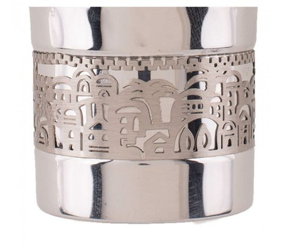 Kiddush Cup and Plate with Silver Jerusalem Overlay, Hammered Silver - Yair Emanuel