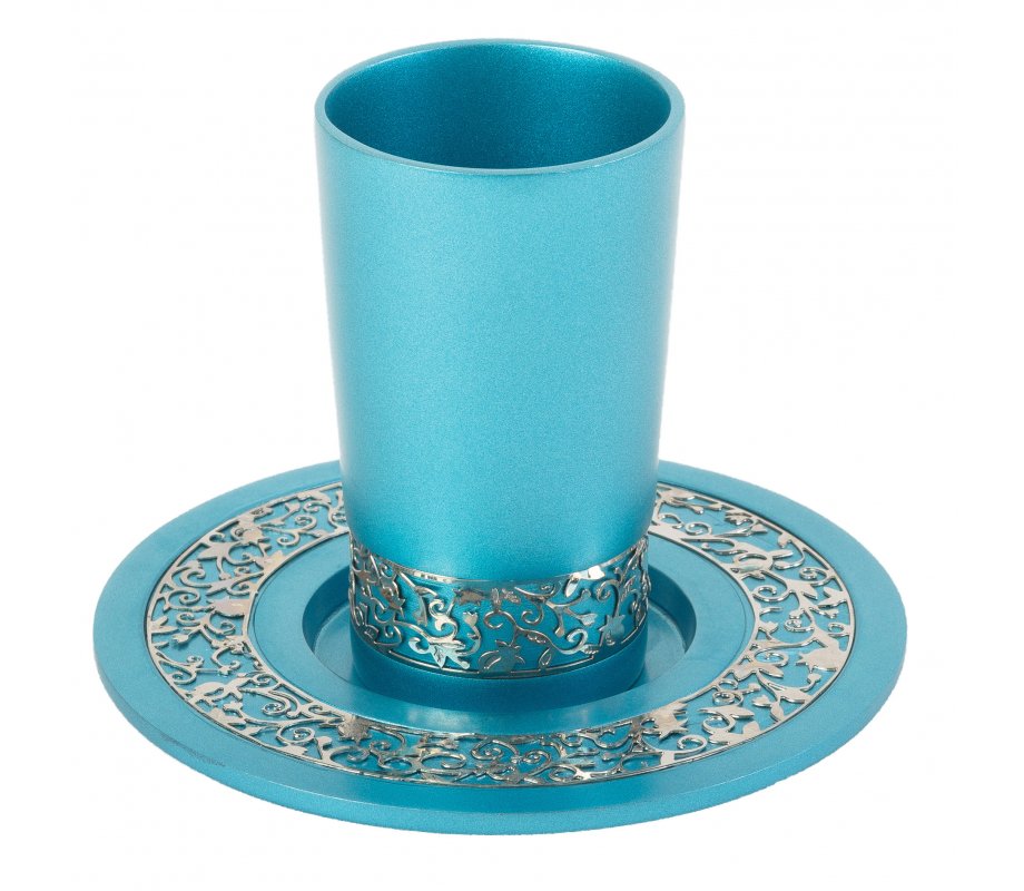 Kiddush Cup and Plate with Silver Pomegranate Overlay, Turquoise - Yair Emanuel
