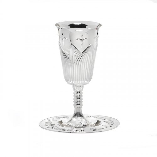 Kiddush Cup on Stem with Matching Tray in Orchid Design - Silver Plate
