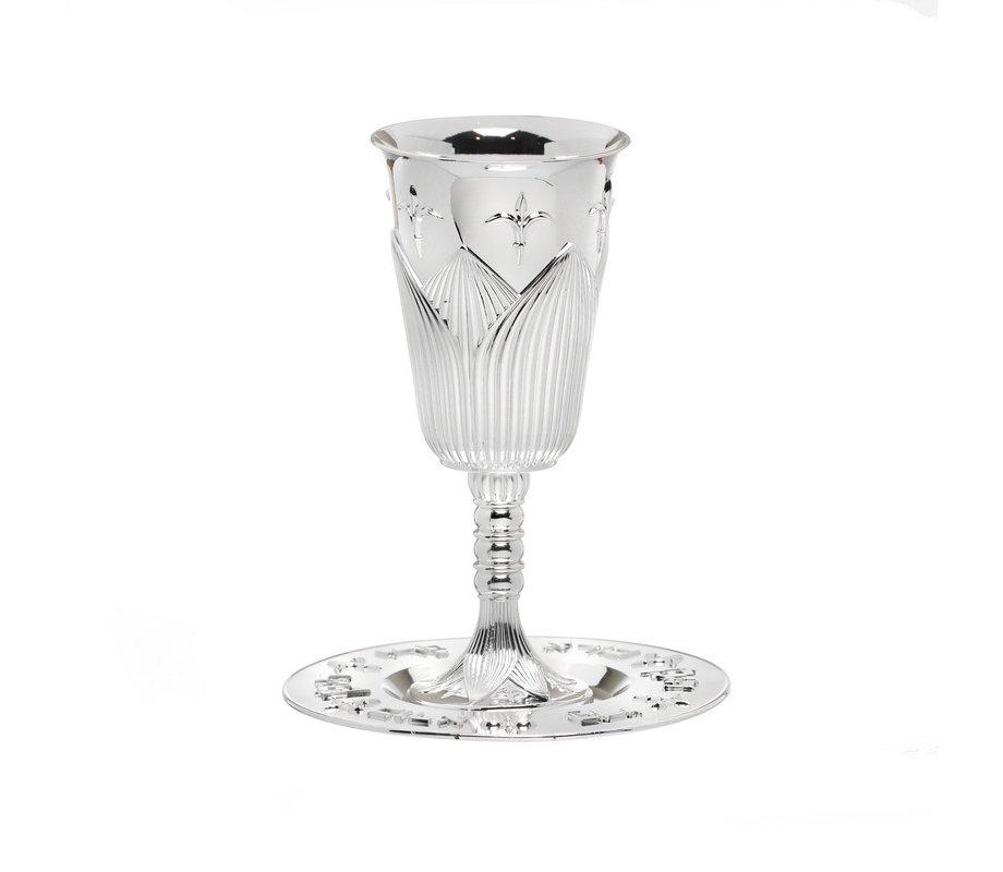 Kiddush Cup on Stem with Matching Tray in Orchid Design - Silver Plate