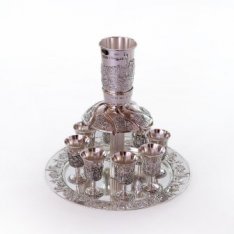 Kiddush Fountain, Eight Stem Cups and Tray with Jerusalem Design - Silver Plated
