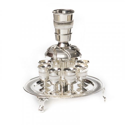 Kiddush Fountain, Eight Stem Cups on Matching Tray, Silver Plated with Classic Design