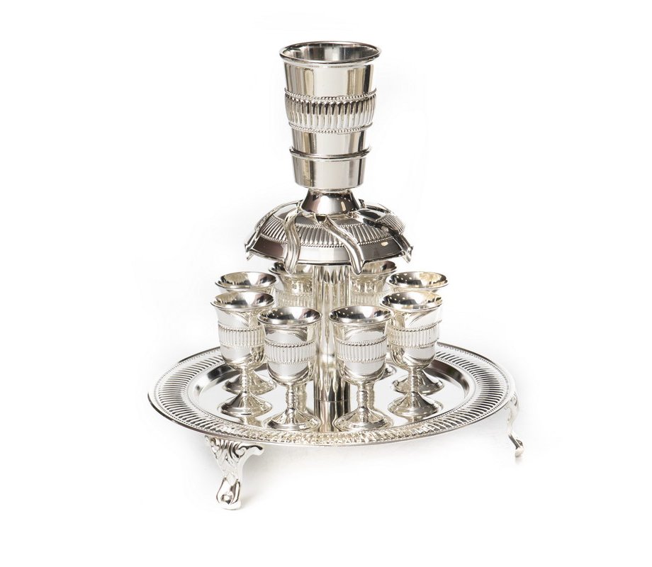 Kiddush Fountain, Eight Stem Cups on Matching Tray, Silver Plated with Classic Design